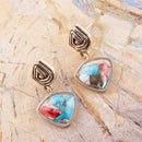 Swirled Blue Turquoise and Orange Sponge Coral Matrix Golden Post Earrings
