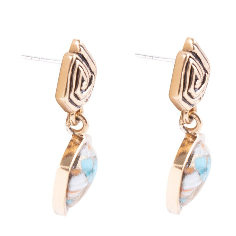 Swirled Blue Turquoise and Orange Sponge Coral Matrix Golden Post Earrings