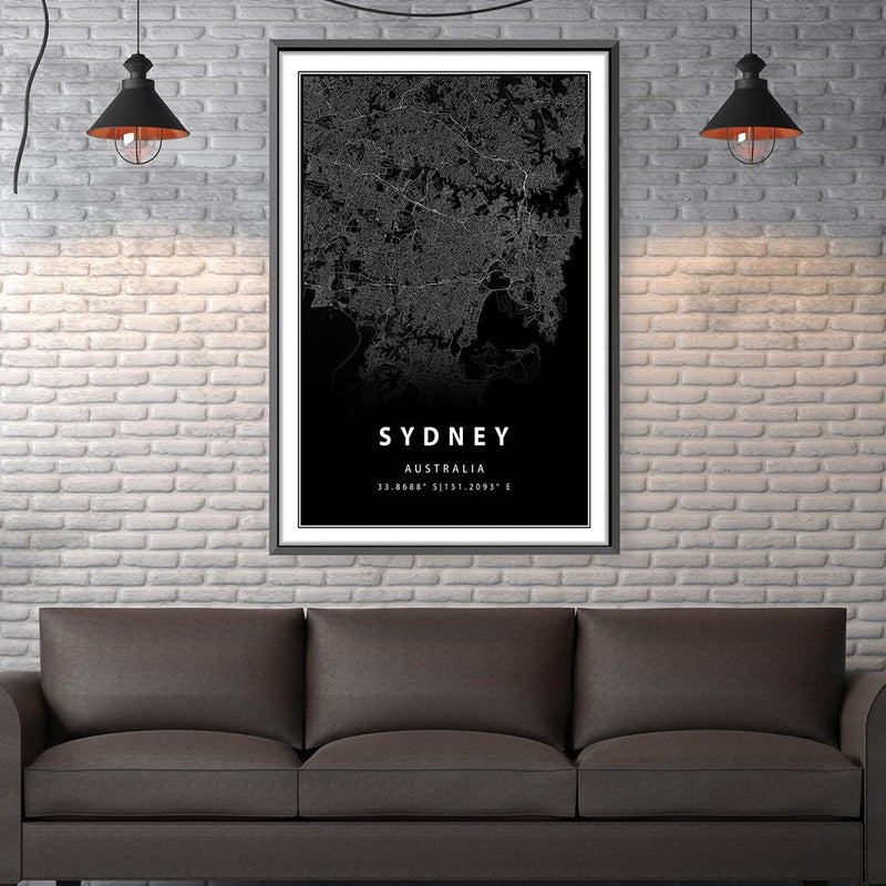 Sydney Black Map Canvas