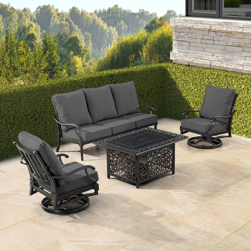 Black Aluminum Fire Table Set with Sofa and Two Club Chairs
