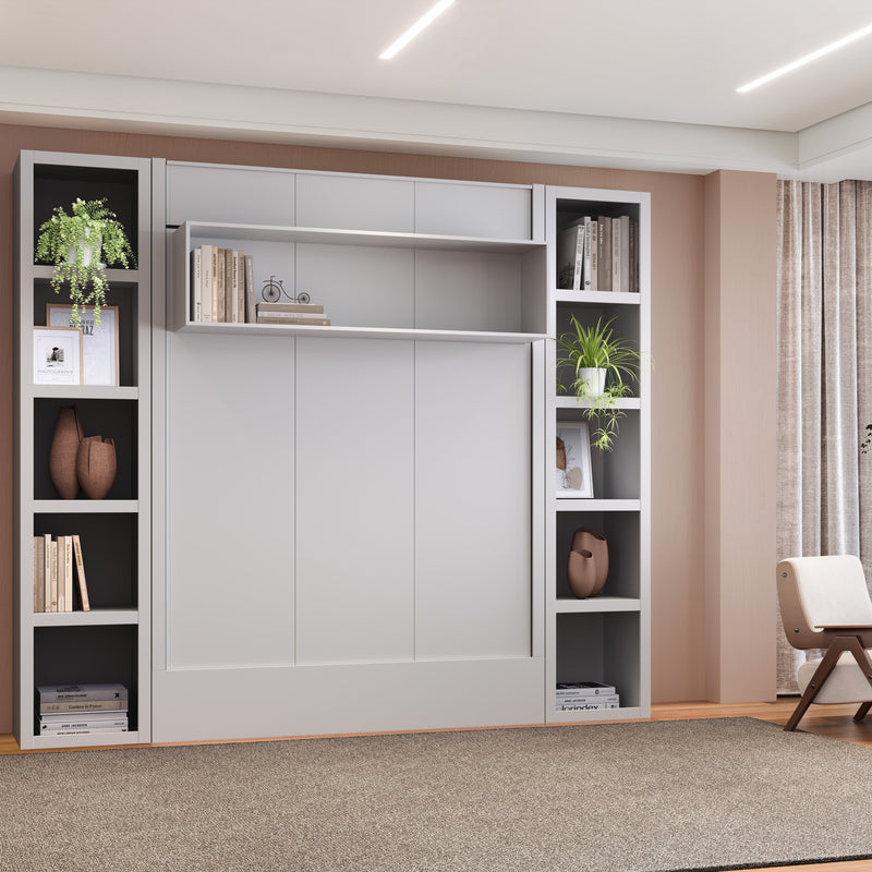Easy-Lift Full Murphy Wall Bed in White with Two Bookshelves