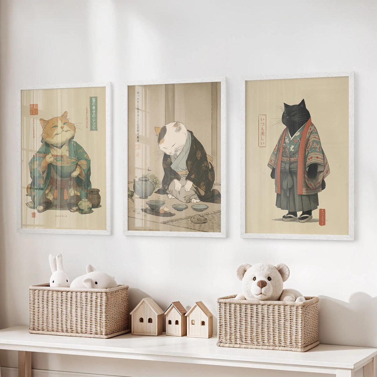 Japanese Ukiyo-e Style Cat Wall Art Set of 3. Tea Ceremony, photo 6 of 19