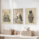 Japanese Ukiyo-e Style Cat Wall Art Set of 3. Tea Ceremony by Wall Art Set