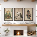 Japanese Ukiyo-e Style Cat Wall Art Set of 3. Tea Ceremony by Wall Art Set