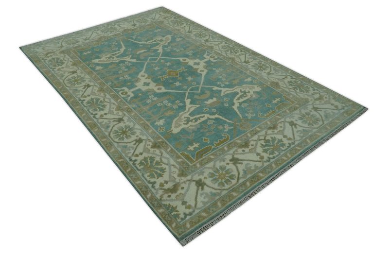 Teal and Ivory Hand Knotted Traditional Oriental Oushak 6x9 wool rug