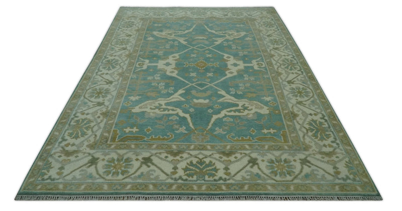 Teal and Ivory Hand Knotted Traditional Oriental Oushak 6x9 wool rug