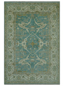 Teal and Ivory Hand Knotted Traditional Oriental Oushak 6x9 wool rug