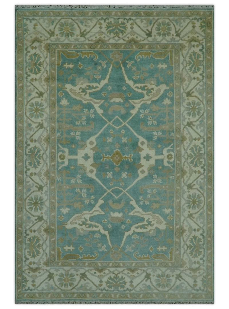 Teal and Ivory Hand Knotted Traditional Oriental Oushak 6x9 wool rug