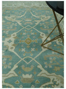Teal and Ivory Hand Knotted Traditional Oriental Oushak 6x9 wool rug