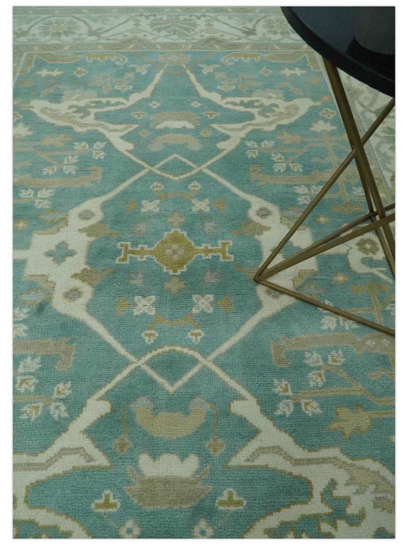 Teal and Ivory Hand Knotted Traditional Oriental Oushak 6x9 wool rug