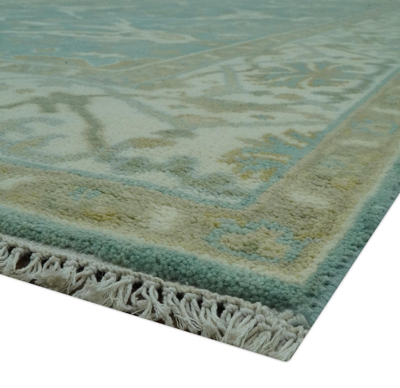 Teal and Ivory Hand Knotted Traditional Oriental Oushak 6x9 wool rug