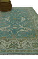 Teal and Ivory Hand Knotted Traditional Oriental Oushak 6x9 wool rug