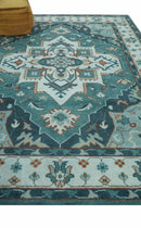 Teal and Silver Traditional Heriz Floral Hand Knotted Wool Area Rug