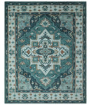 Teal and Silver Traditional Heriz Floral Hand Knotted Multi Size wool Area Rug