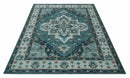 Teal and Silver Traditional Heriz Floral Hand Knotted Wool Area Rug