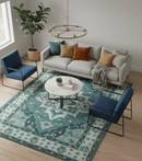 Teal and Silver Traditional Heriz Floral Hand Knotted Wool Area Rug