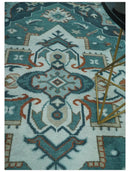 Teal and Silver Traditional Heriz Floral Hand Knotted Wool Area Rug