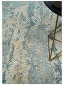 Teal, Gold and Ivory Modern Abstract 5x8 Hand loom wool and Viscose Area Rug