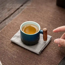 Teal gradient & black ceramic coffee cup kitchen mug with wood handle by Decorbites
