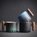 Teal gradient & black ceramic coffee cup kitchen mug with wood handle by Decorbites