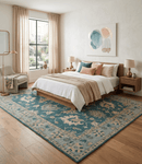 Wool Area Rug Hand Knotted in Teal Gray and Beige - Traditional Oushak Design Style