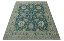 Wool Area Rug Hand Knotted in Teal Gray and Beige - Traditional Oushak Design Style
