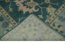 Wool Area Rug Hand Knotted in Teal Gray and Beige - Traditional Oushak Design Style