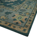 Wool Area Rug Hand Knotted in Teal Gray and Beige - Traditional Oushak Design Style