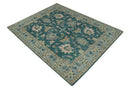 Wool Area Rug Hand Knotted in Teal Gray and Beige - Traditional Oushak Design Style