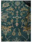 Wool Area Rug Hand Knotted in Teal Gray and Beige - Traditional Oushak Design Style