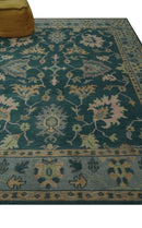 Wool Area Rug Hand Knotted in Teal Gray and Beige - Traditional Oushak Design Style