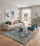 Wool Area Rug Hand Knotted in Teal Gray and Beige - Traditional Oushak Design Style