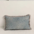 Teal & gray denim fringed cushion cover living room decor by Decorbites