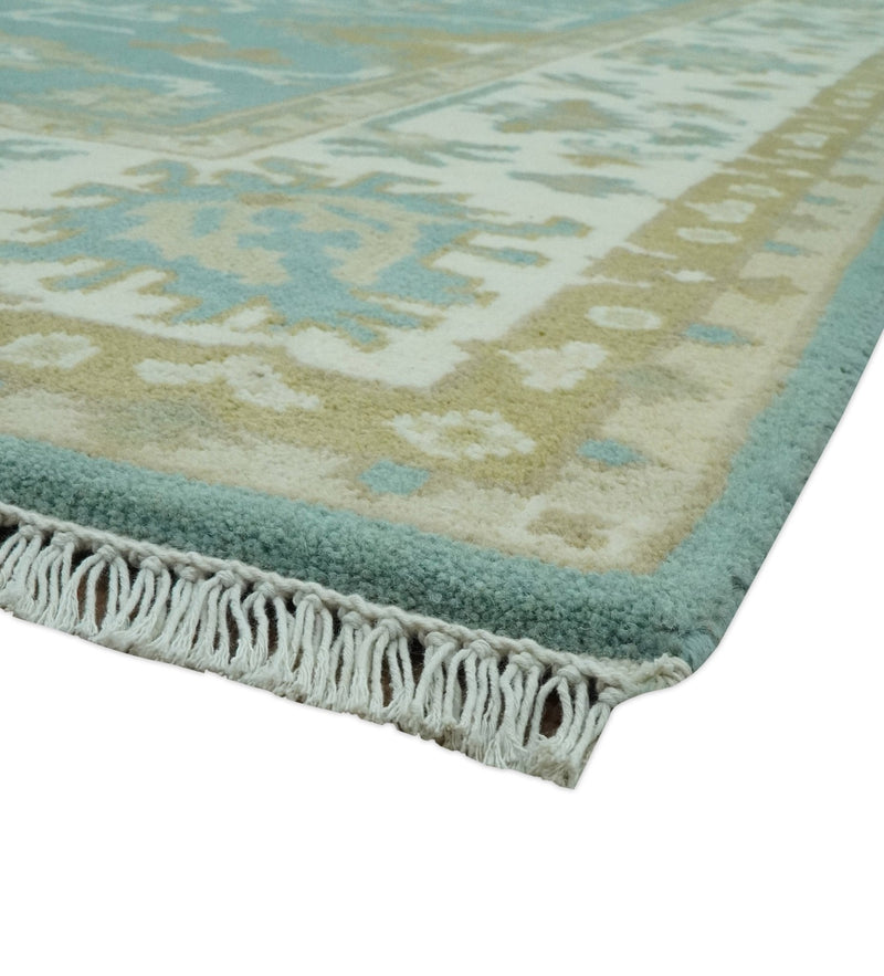 Teal, Ivory and Olive Hand Knotted 6x9 Traditional Oriental Oushak wool rug
