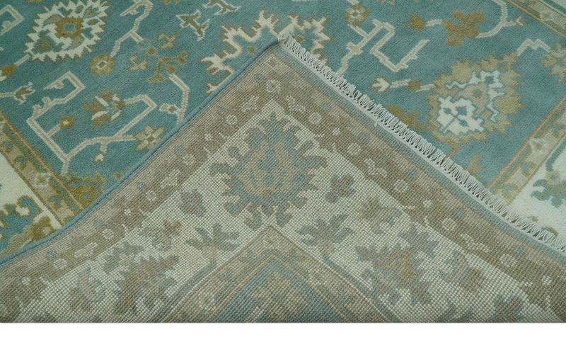 Teal, Ivory and Olive Hand Knotted 6x9 Traditional Oriental Oushak wool rug
