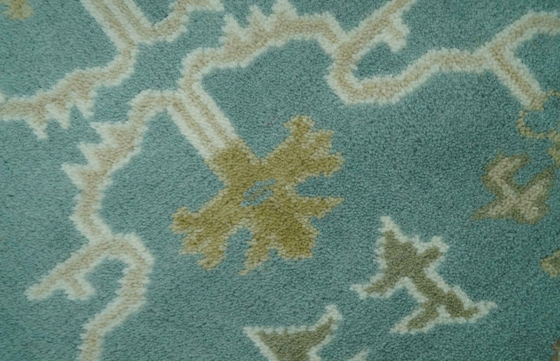 Teal, Ivory and Olive Hand Knotted 6x9 Traditional Oriental Oushak wool rug
