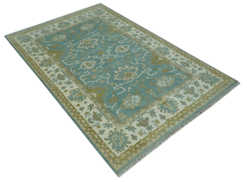 Teal, Ivory and Olive Hand Knotted 6x9 Traditional Oriental Oushak wool rug