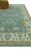 Teal, Ivory and Olive Hand Knotted 6x9 Traditional Oriental Oushak wool rug