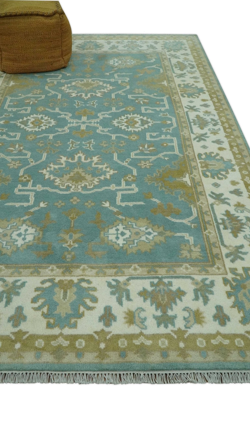Teal, Ivory and Olive Hand Knotted 6x9 Traditional Oriental Oushak wool rug