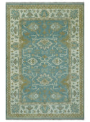 Teal, Ivory and Olive Hand Knotted 6x9 Traditional Oriental Oushak wool rug