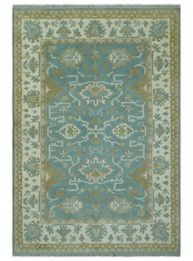 Teal, Ivory and Olive Hand Knotted 6x9 Traditional Oriental Oushak wool rug