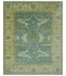 Teal, Olive and Beige Hand Knotted 8x10 Traditional Oriental Oushak wool area rug