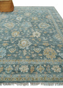 Teal, Olive and Silver Antique Style Hand knotted 8x10 Oushak wool Area Rug