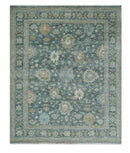 Teal, Olive and Silver Antique Style Hand knotted 8x10 Oushak wool Area Rug