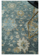 Teal, Olive and Silver Antique Style Hand knotted 8x10 Oushak wool Area Rug
