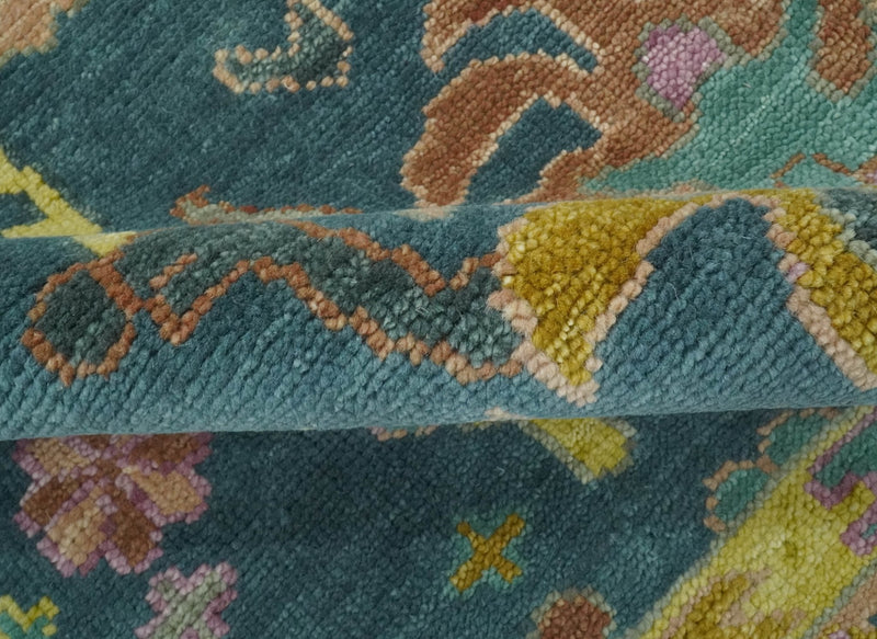 Teal, Peach and Mustard Hand Knotted Oriental Oushak 8x10 wool area Rug