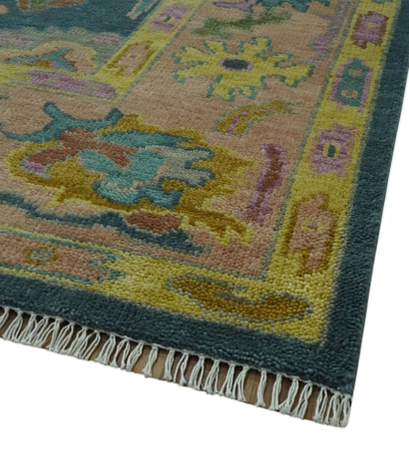 Teal, Peach and Mustard Hand Knotted Oriental Oushak 8x10 wool area Rug