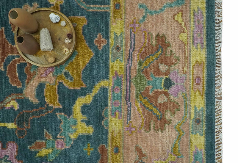 Teal, Peach and Mustard Hand Knotted Oriental Oushak 8x10 wool area Rug