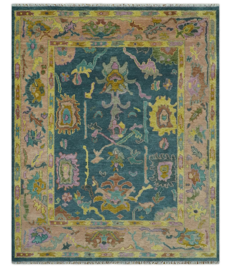 Teal, Peach and Mustard Hand Knotted Oriental Oushak 8x10 wool area Rug