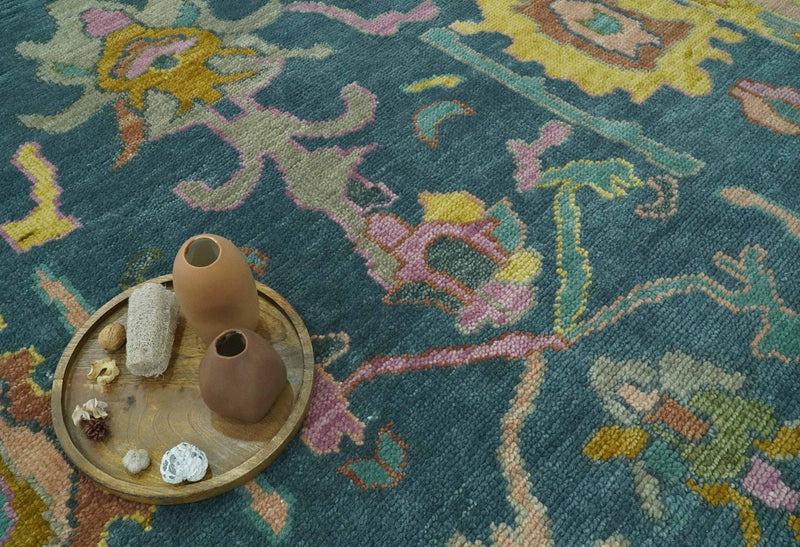 Teal, Peach and Mustard Hand Knotted Oriental Oushak 8x10 wool area Rug